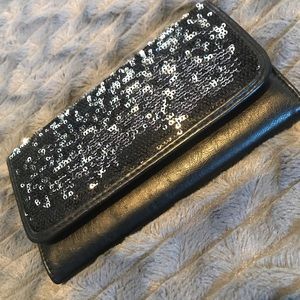 Sequins and faux leather wallet